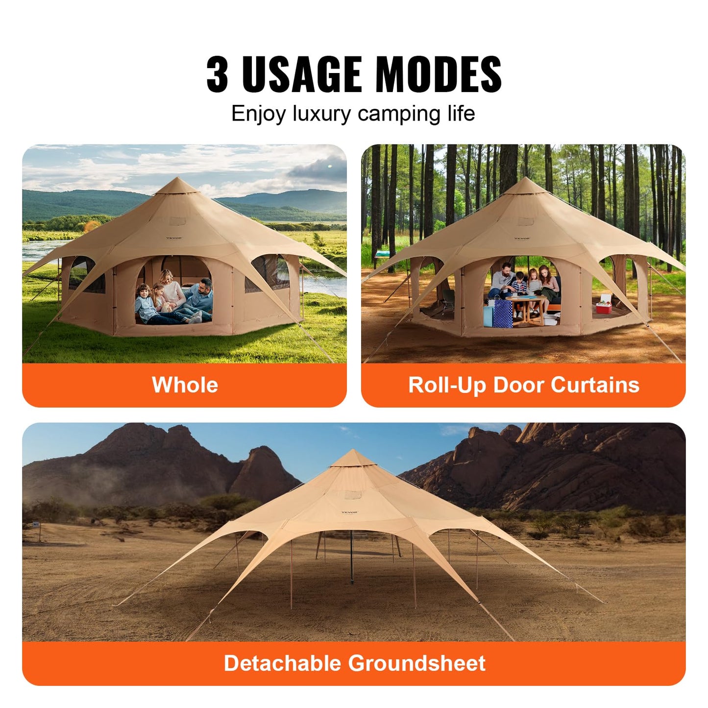 VEVOR Canvas Tent, 4 Seasons 5 m/16.4 ft Bell Tent, for Camping with Stove Jack, Family Camping Outdoor Hunting Party