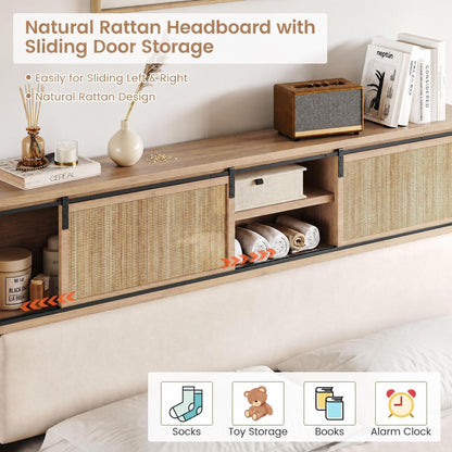 GarveeHome Queen Size Solid Wood Bed Frame with Storage Headboard, Rattan Upholstered Bookcase Headboard with Sliding Doors & Charging Station, No Bos Spring Needed