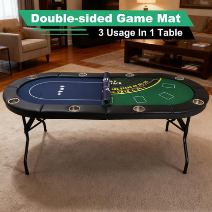 LaiSeeCian 8 Players Foldable Poker Table with Cup Holders, Collapsible Texas Holdem Poker Table with Reversible Game Mat, Suitable for Home Party, Casino, Poker Night, etc.
