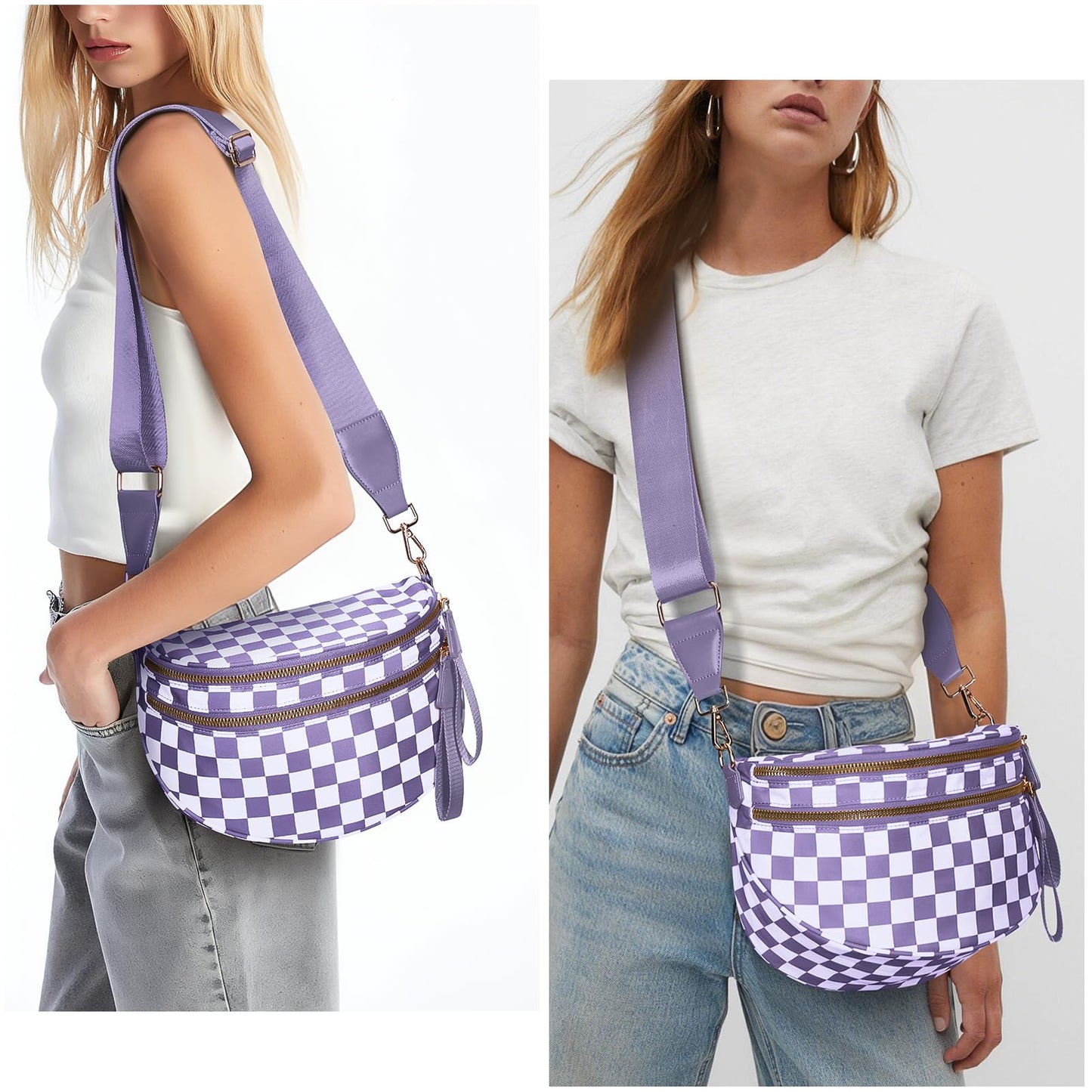 Checkered Crossbody Bum Bags for Women Nylon Checkered Purse Checkerboard Fanny Pack