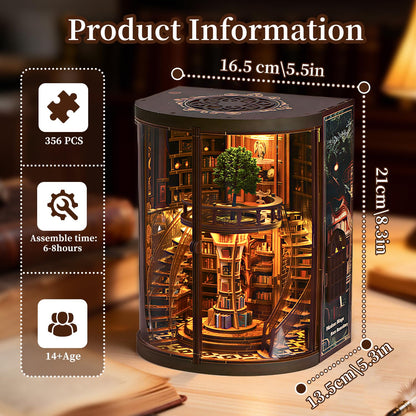 Book Nook Kit for Adult-3D Wooden Puzzles Miniature Library Bookshelf Insert Bookend Decor，Adult Miniature Model with LED Light and Dust Cover, Touch Switch, Adult Craft Kits Gift