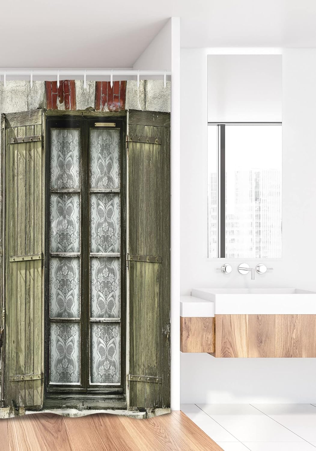 Ambesonne Country Stall Shower Curtain - European French Window Antique Design, Fabric Bathroom Decor, 36" W x 72" L
