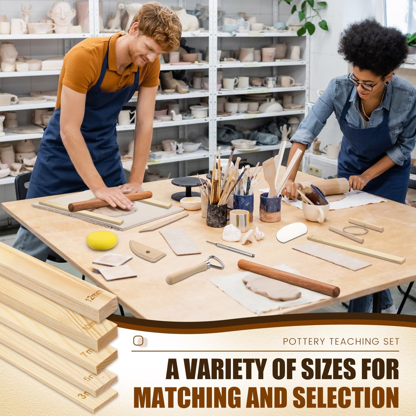 Baderke 20 Pcs Pottery Teaching Set, Includes 1 Wooden Rolling Pin, 10 Pottery Teaching Rolling Mud Stick Guide, 8 Clay Sculpting Tools, 1 Special Linen for Ceramic Clay Making