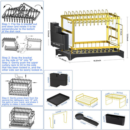 IBEDMAZIE Dish Drying Rack Gold, Multifunctional Dish Racks for Kitchen Counter with Drainboard 2 Tier Dish Drainer Large Capacity for Knifes/Cup/Cutting Board