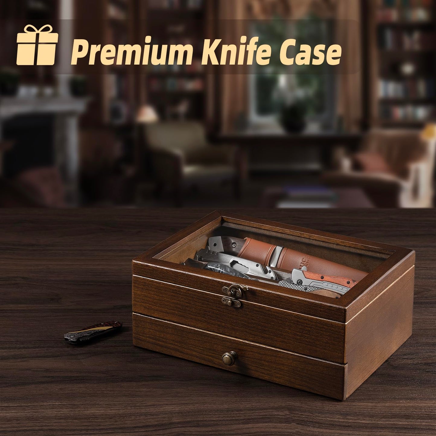 Knife Display Case Knife Collection Display Holder with Glass Lid, 2-Layer Wooden Pocket Knife Case with Drawers