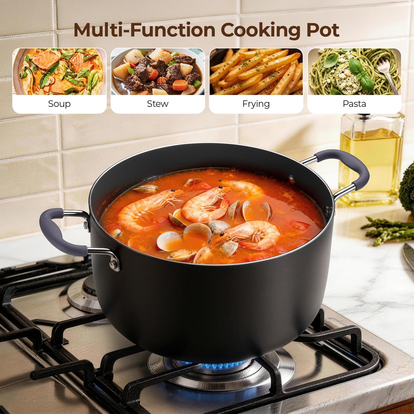 10 Quart Nonstick Stock Pot with Lid, Ceramic Soup Pot with Lid, Induction Cooking Pot with Silicone Handle for All Stoves, Healthy Non-toxic Cooking Pot for Stew/Pasta, PFAS & PFOA Free