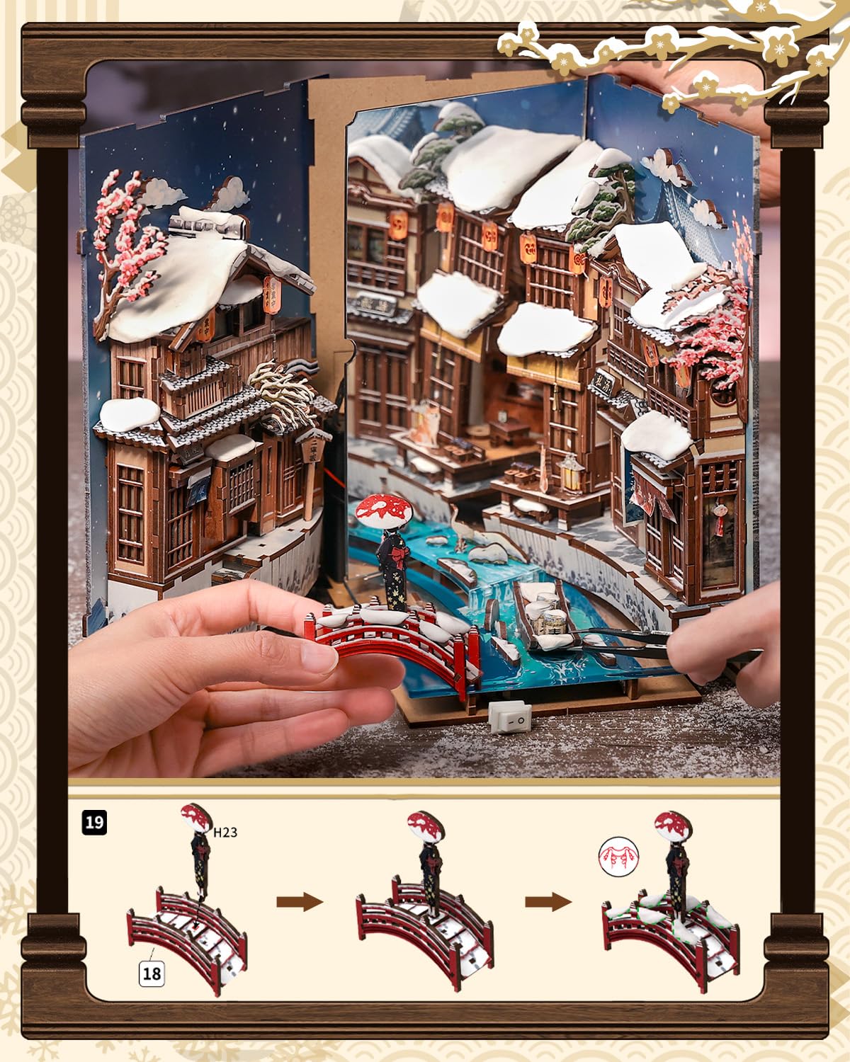 CUTEBEE Book Nook Kit - Japanese Style DIY Miniature Winter House, LED Light Bookshelf Decor Alley Dollhouse for Adults Teens, Gifts for Family (Kyoto Snow Whisper)