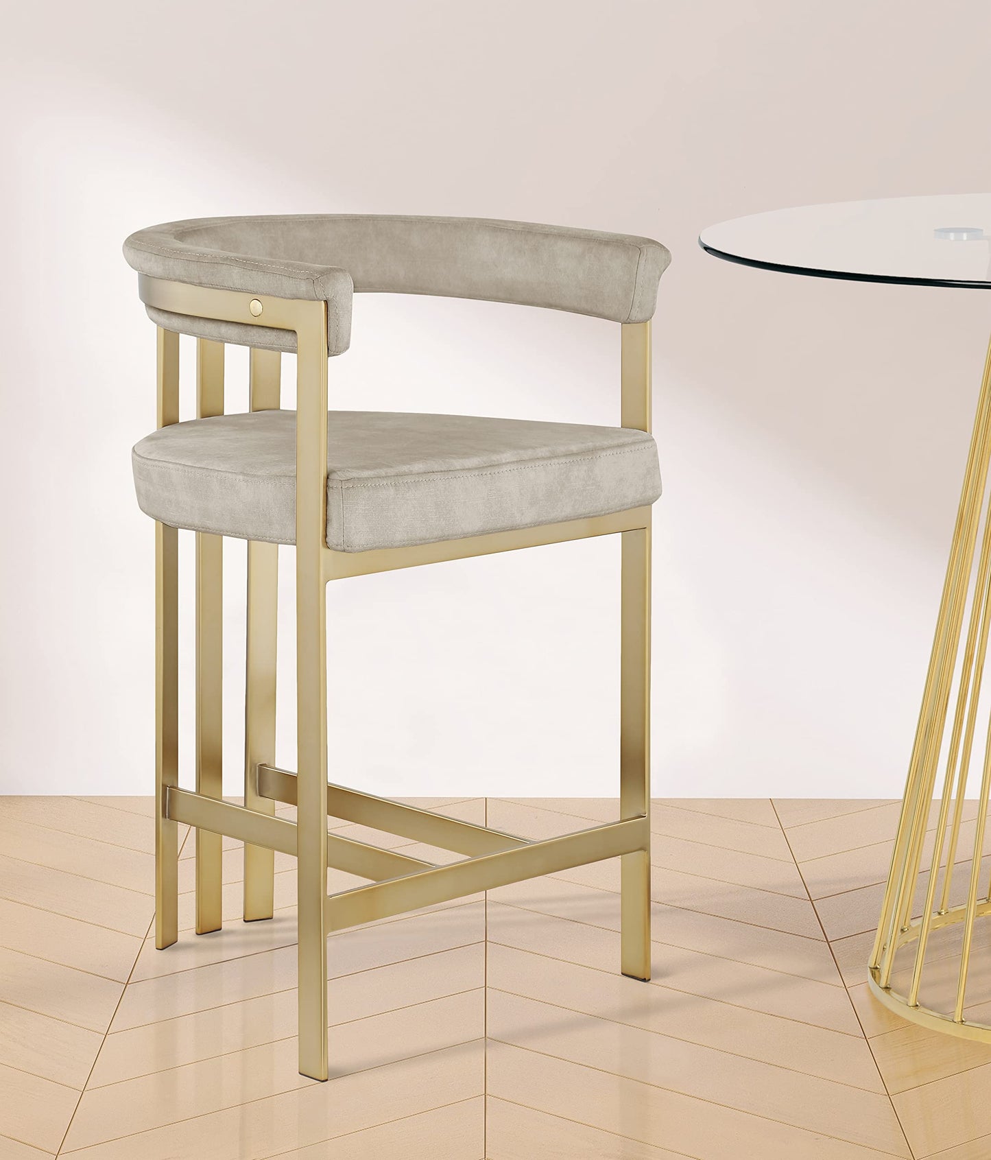 Meridian Furniture 596Stone-C Marcello Collection Modern | Contemporary Velvet Upholstered Counter Height Stool with Brushed Brass Iron Frame, 22.5" W x 20" D x 35.5" H, Stone, Set of 2