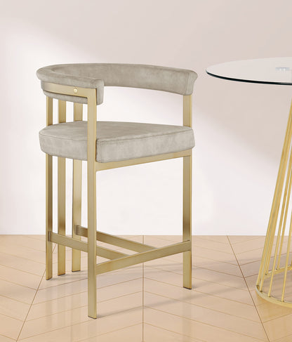 Meridian Furniture 596Stone-C Marcello Collection Modern | Contemporary Velvet Upholstered Counter Height Stool with Brushed Brass Iron Frame, 22.5" W x 20" D x 35.5" H, Stone, Set of 2