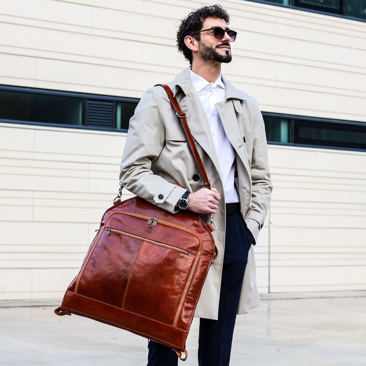 Time Resistance Leather Garment Bag - Slim Carry-On Suit Carrier for Dress Protection (Cognac Brown)
