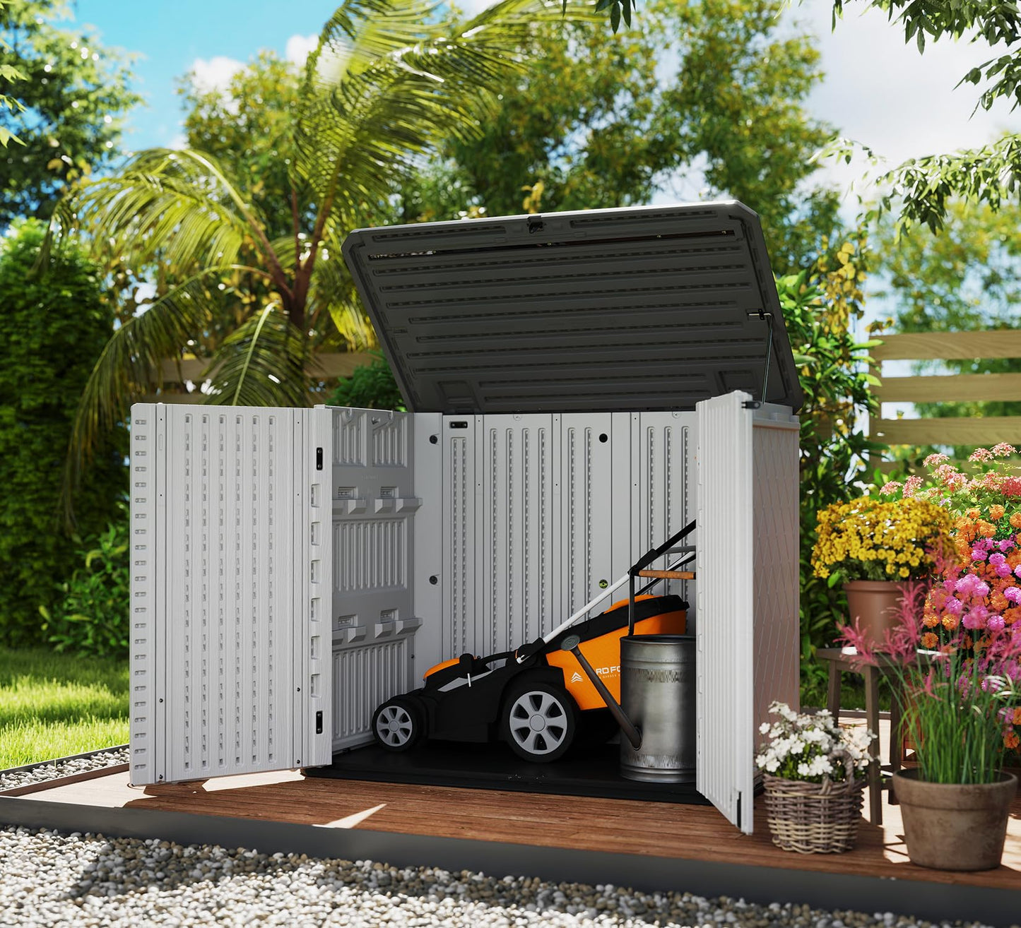 HOMSPARK Storage Shed Weather Resistance, Multi-Purpose Outdoor Storage Cabinet for Backyards and Patios, Horizontal Storage Shed for Lawnmower, Patio Accessories (White 1, Large - 26 cu.ft)
