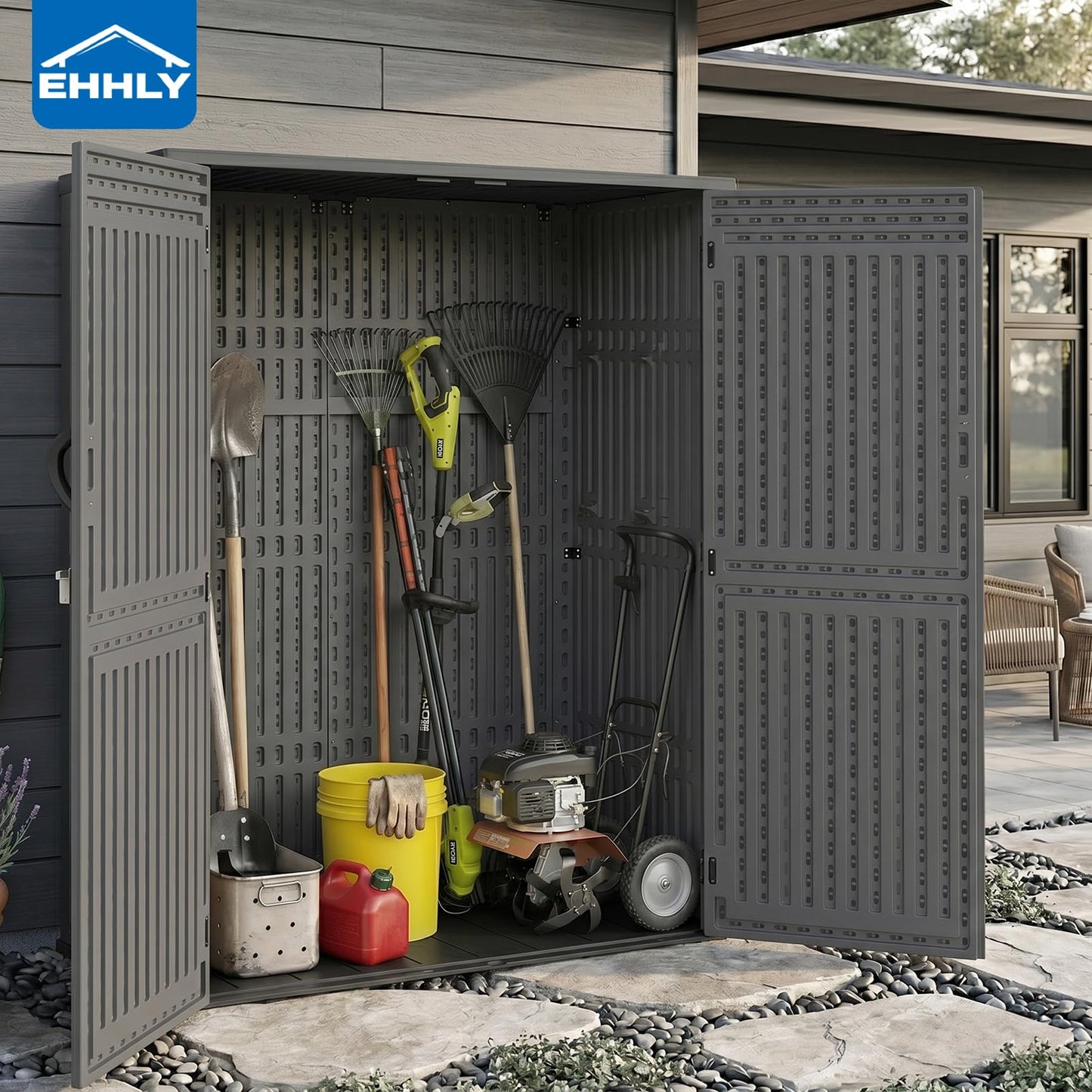 EHHLY Vertical Resin Storage Shed, 60 Cuft Garden Tool Sheds & Outdoor Storage, Plastic Outdoor Storage Cabinet Waterproof, 4.5 x 2.3 ft Backyard Outside Lawn Mower Storage Shed, Grey