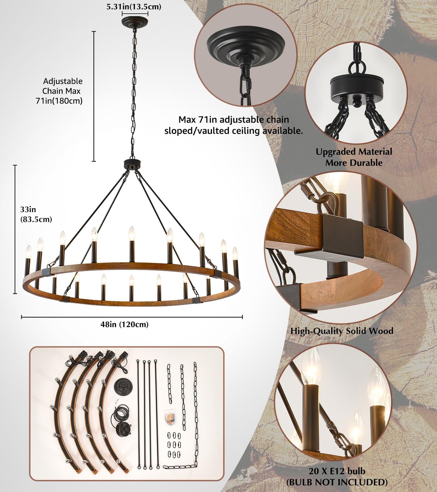 HHR 48 Inch Wood Wagon Wheel Chandelier, 20-Light Large Rustic Chandeliers for High Ceilings, Farmhouse Dining Room Light Fixtures for Foyer, Living Room, Porch