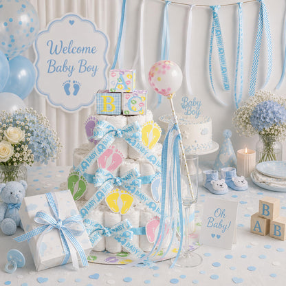 HUIHUANG Baby Blue Ribbon for Baby Shower Its A Boy Blue Ribbons Assorted Foot Print Elephant Satin Ribbon for Gift Wrapping Crafts Diaper Cake Baby Shower Birthday Favor-5 Yards Each Total 50 Yards