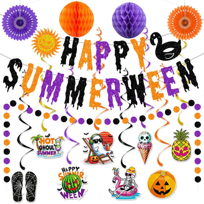 Glittery Happy Summerween Banner Summerween Hanging Swirls Decorations Circle Dots Garland Honeycomb Ball Paper Fan Set for Summer Halloween Birthday Party Halloween in Summer Ghost Party Decorations