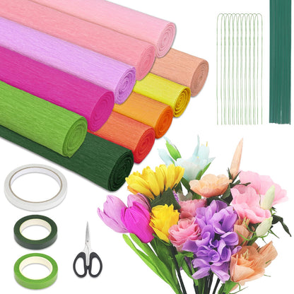 10 Roll Crepe Paper Streamers Rolls,10 Rainbow Colors,Floral Wire Ribbon Included,DIY Papel Crepe Flower Kit for Birthday, Wedding, Valentine's Day(9.8x98Inch/Roll) (Rainbow Colors)