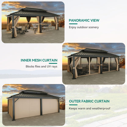 YITAHOME 12x20ft Gazebo Hardtop Canopy Heavy Duty Double Roof Outdoor w/Nettings and Curtains, Upgraded Aluminum Column Galvanized Steel Vertical Stripes Roof for Patio, Backyard, Deck, Lawns, Brown