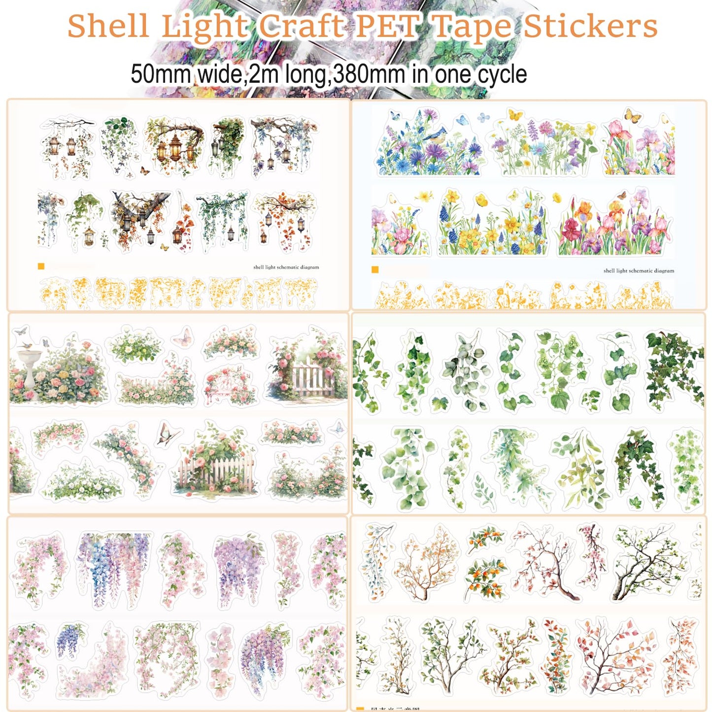 Suntova 6PCS Floral Washi Tape Stickers PET Tape Stickers for Journaling Botanical Flower Decorative Tapes for Crafts Scrapbooking Junk Journal Supplies Bullet Journaling (Flower 1)