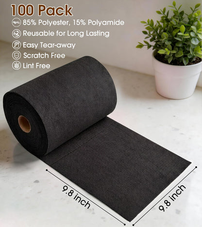 KitchLife Microfiber Cleaning Cloth Roll, 100 Pack - Tear-Away Microfiber Paper Towels, Lint-Free, Reusable, Washable for Kitchen, Car, Dishes, and Sensitive Surfaces (Black)