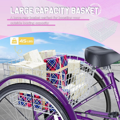Brightpeak 1 Speed Adult Tricycle, 26 inch Cruiser Trike with Large Basket for Women Men Seniors, 3 Wheel Bike for Outdoor, Shopping, Recreation, Picnic (Purple)