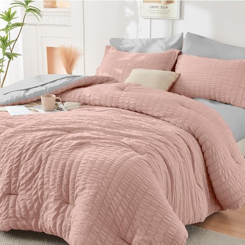 HYMOKEGE Full Size Comforter Set - Luxury 7-Piece Seersucker Bedding in Rose Gold & Light Grey