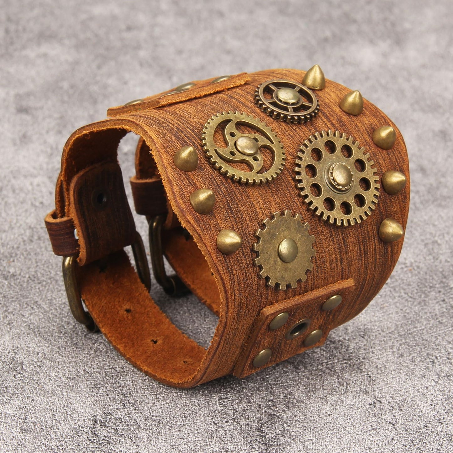 GelConnie Brown Leather Cuff Bracelet for Men Steampunk Gear Studded Wristband Punk Vintage Bracelet Adjustable Jewelry Gift
