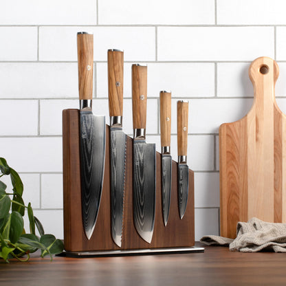 Yatoshi Knives Magnetic Kitchen Knife Block Set - Japanese 67 Layer High-Grade VG-10 Steel Knives, Sharp, Professional Kitchen Knife Set - Damascus (6 pieces), Olive Wood Handles