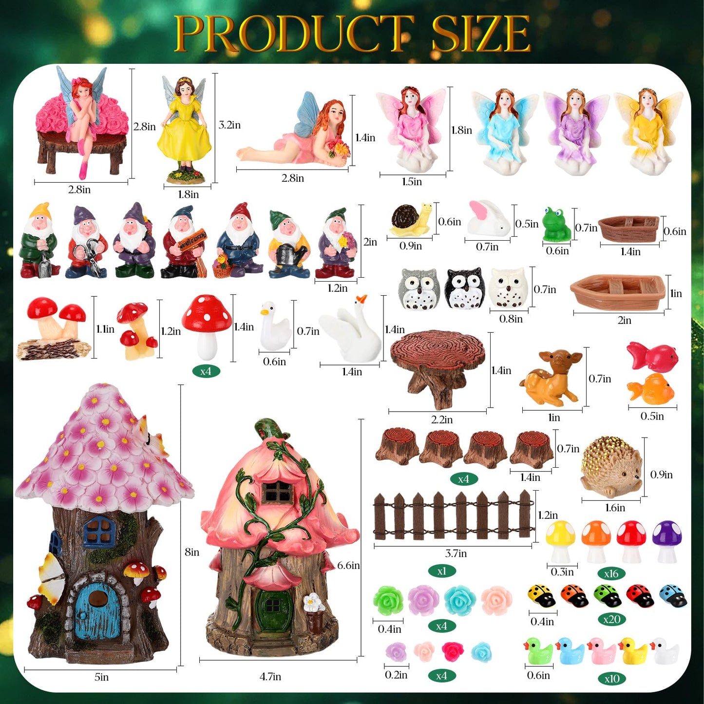 HyDren 100 Pcs Fairy House Garden Figurines Kit 8'' Solar Miniatures Light up 6.6" Fairy House Gnome Animals Doll Outdoor Resin Statues Micro Landscape Ornaments DIY Garden Decor