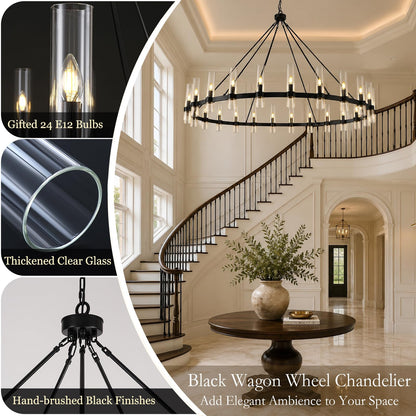 Black Wagon Wheel Chandelier 70 Inch, Large Chandeliers for High Ceilings, 24-Light Chandelier with Glass Shade, Modern Farmhouse Chandeliers for Living Room, Dining Room and Foyer(24 Bulbs Included)