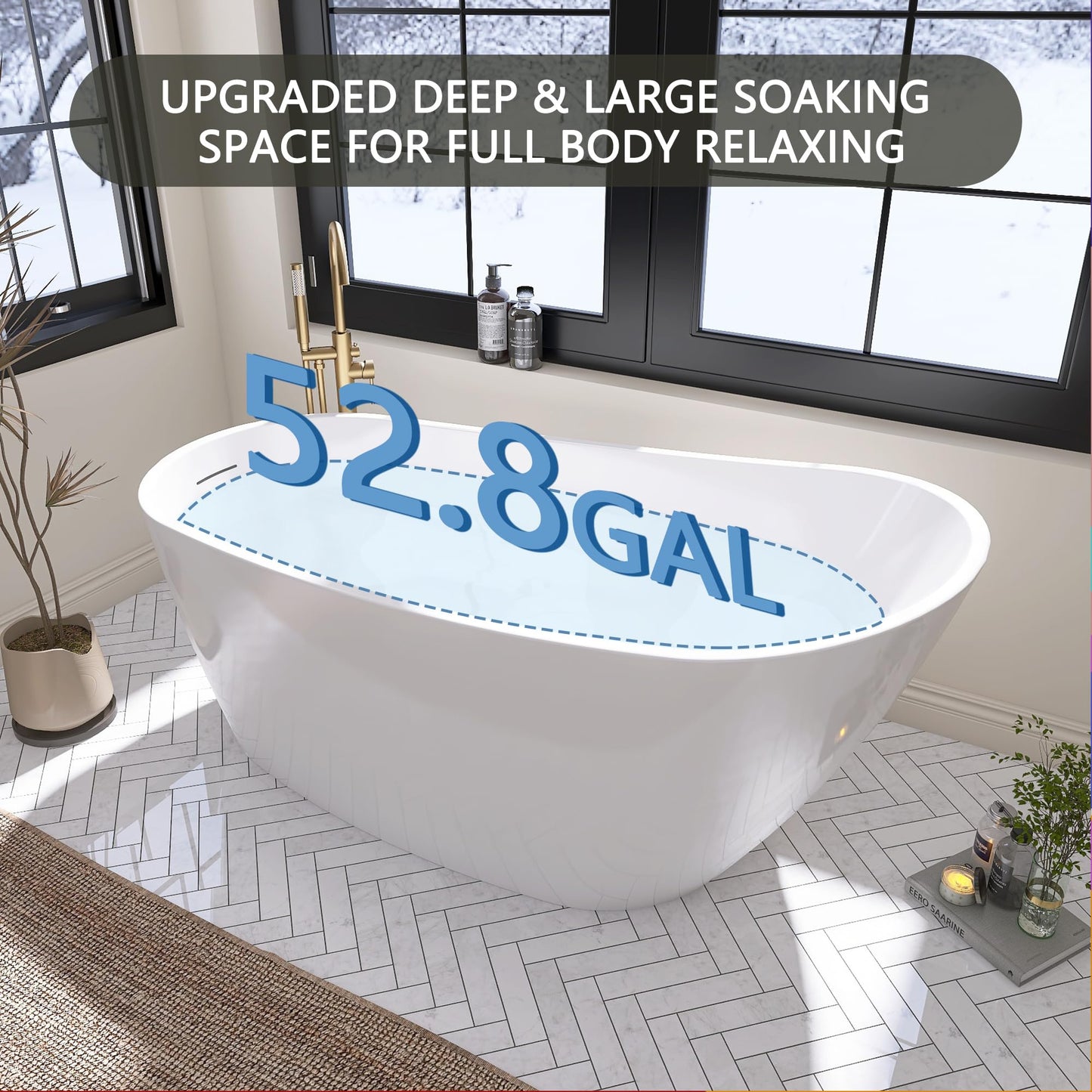 59" Free Standing Tub, Pure Acrylic Freestanding Bathtub, Stylish Stand Alone Contemporary Deep Soaking Bath Tub, cUPC Certified SY9950 (Glossy White)