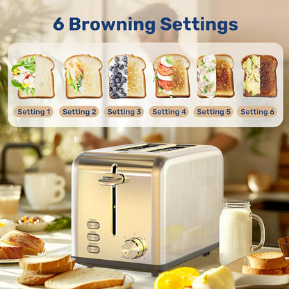 YSSOA 2-Slice Toaster - Silver, 6 Browning Settings, 3 Functions, Extra Wide Slot & Removable Crumb Tray for Bread &