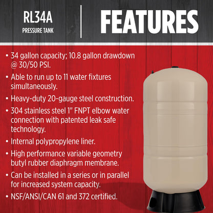 Red Lion RL34A 34-Gallon Vertical Pre-Charged Pressure Tank with Thermoplastic Base for Well Pumps, 1-Inch FNPT System Connection, Almond, 604683