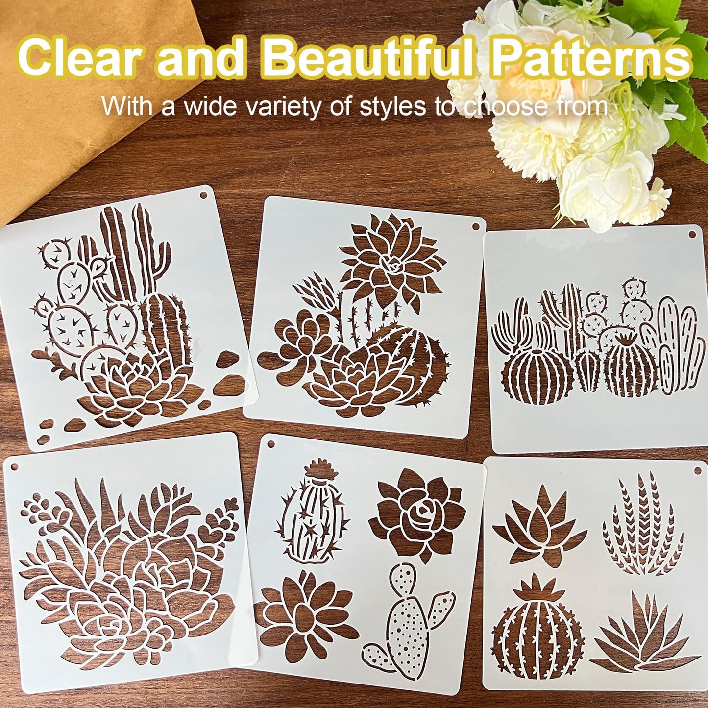 25 PCS Cactus Stencils for Painting, Stencils for Crafts Reusable 6 x 6 Inch Succulent Templates for Wood Signs Journals Planters Canvas and Desert Decor