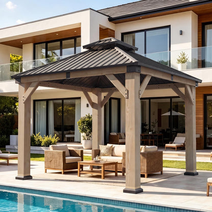 Aoxun 10' x 10' Outdoor Wood Gazebo, Hardtop Gazebo Permanent Wooden Pavilion with Galvanized Steel Double Roof, for Backyard, Garden, Deck, Cedar Wood, Grey