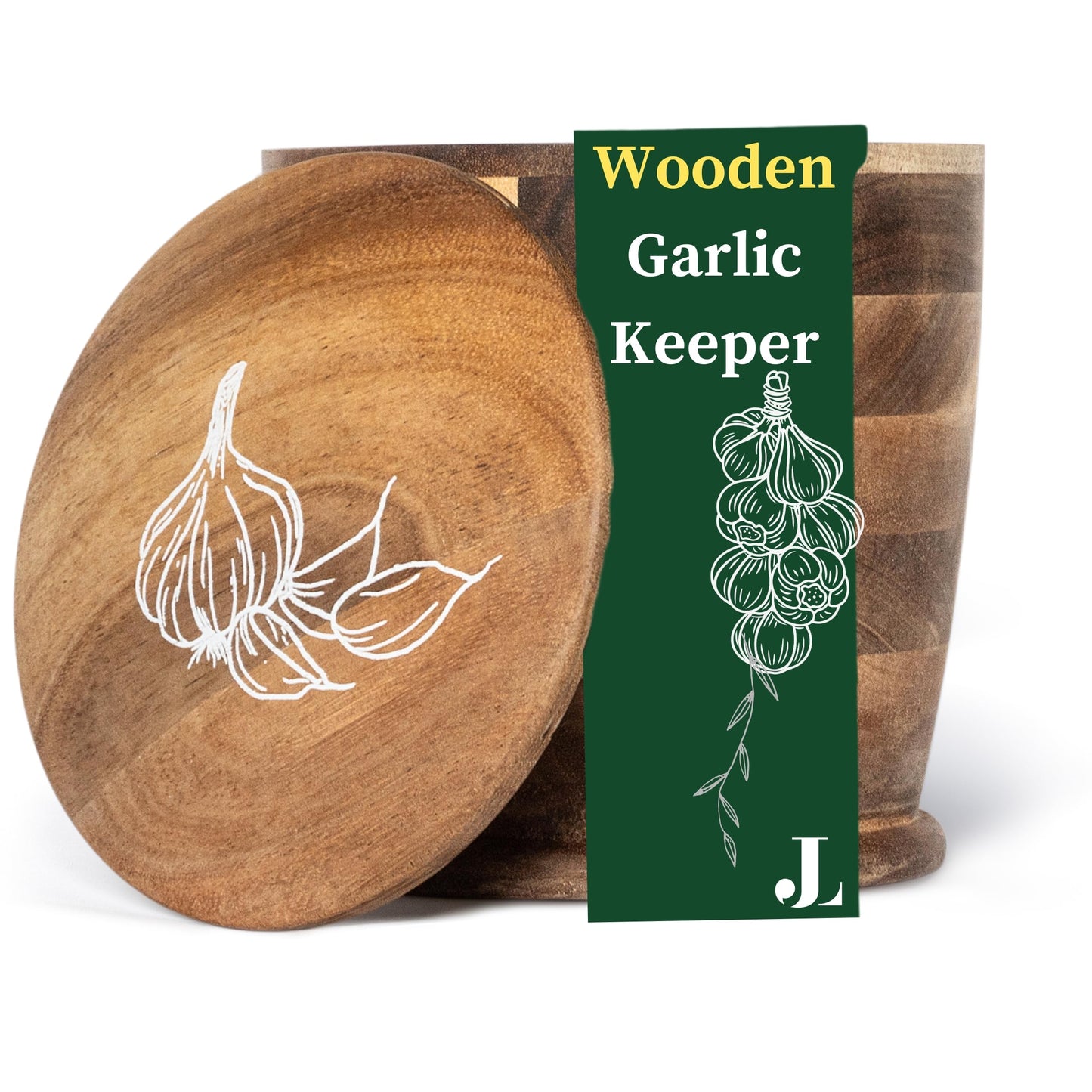 Jean Lemond Introducing The Always Fresh Acacia Garlic Keeper For Counter. A Crafted Large Garlic Storage Jar. A Rustic Garlic Holder Container Pot Saver With Lid. (Large (Fits 5 Heads))