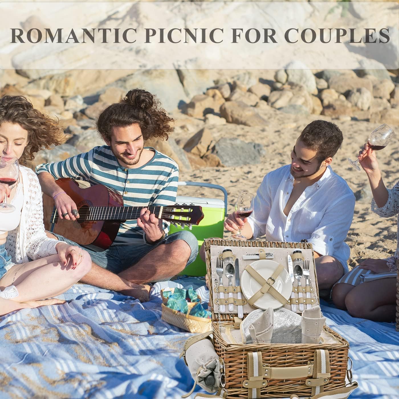 19Pcs Picnic Basket for 2 with Insulated Liner and Waterproof Picnic Blanket Wine Pouch, Large Wicker Picnic Hamper for Camping,Outdoor,Valentine Christmas for Couples