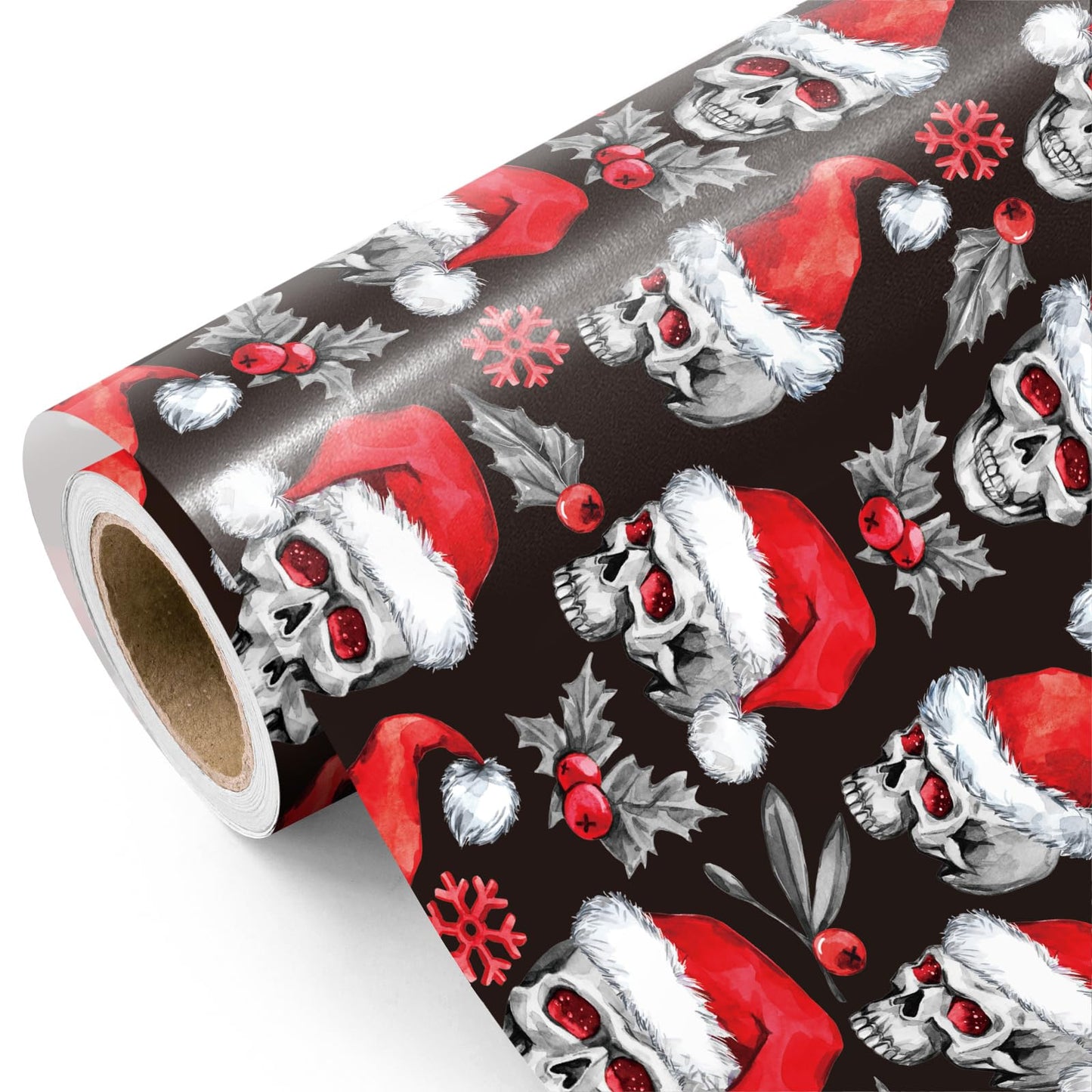 WRAPAHOLIC Skull Christmas Wrapping Paper - Mini Roll - 17 Inch x 16.5 Feet - Holly and Santa Hat Skull Wrapping Paper for Christmas, Halloween, Holiday, Party Celebration
