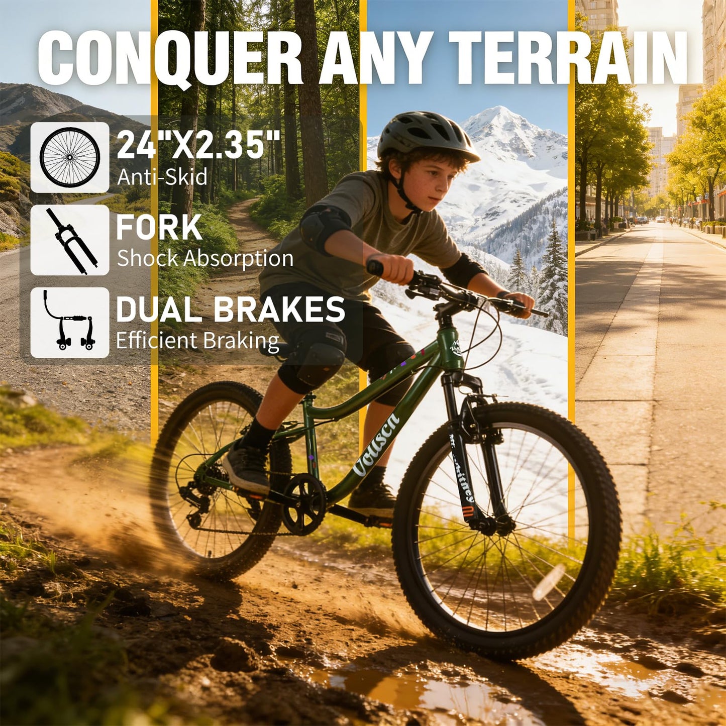 vollsch 24 Inch Kids Mountain Bike for 9-15 Years Old Boys Girls Teens 6-Speed Child MTB Bicycle with Front Suspension Fork, Dark Green