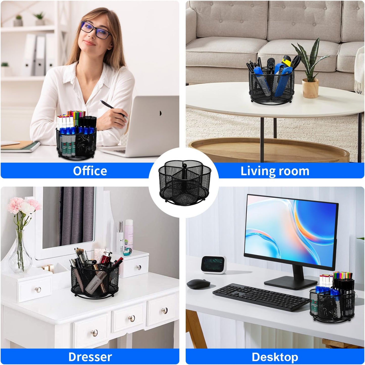 PNEUICALLY 360 Degree Rotate Pen Holder for Desk Mesh Desk Pen Organizer Pencil Holder Large Capacity Accessories & Workspace Organizers for School,Home (Black, No hook)