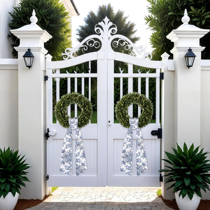 Skiennix Chinoiserie Monogram Satin Wreath - Elegant Blue & White Floral Door Decor | 2-Piece Set