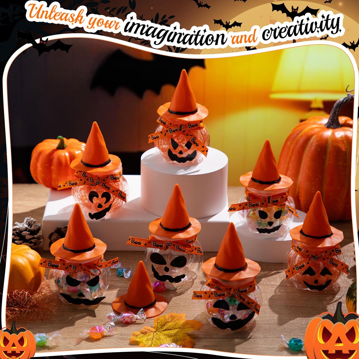 Acellegic 16 Sets Halloween Pumpkin Candy Jars Halloween DIY Craft Pumpkin Party Favors Trick or Treat Kit Plastic Cookie Candy Jars with Lids Witch Hat Stickers Mesh Ribbon Glue Decoration(Orange)