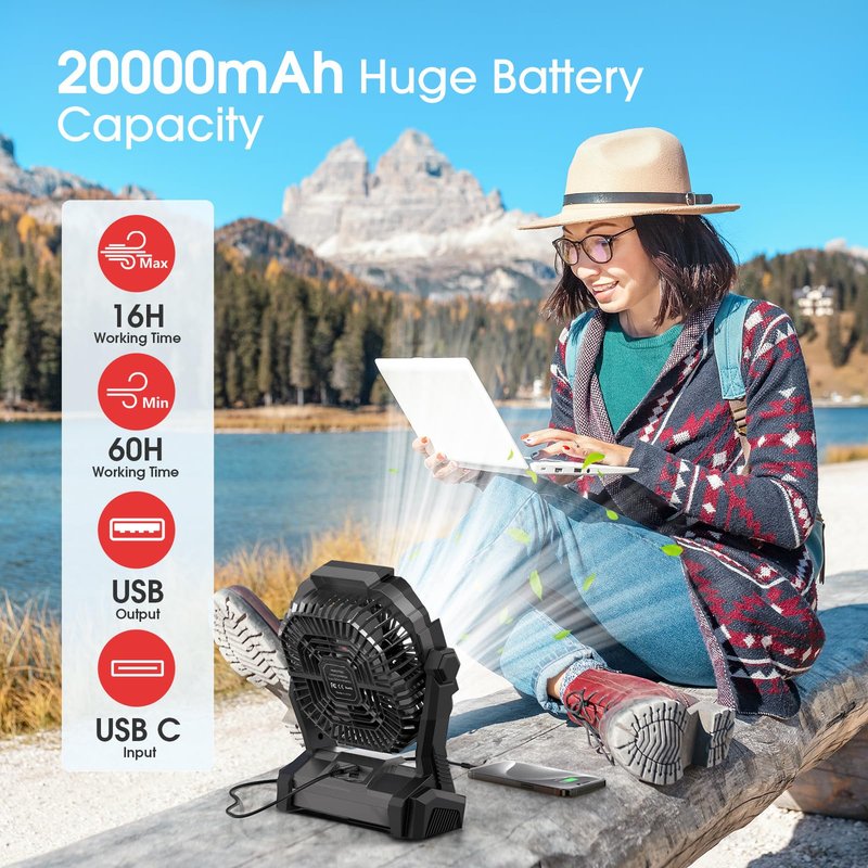 ONLYNEW Portable Fan Rechargeable, 20000mAh Cordless Battery Powered Fan with LED Lantern, USB C Battery Operated for Travel Bedroom Home Camping Tent Office Beach Desk Fishing Table (Black)
