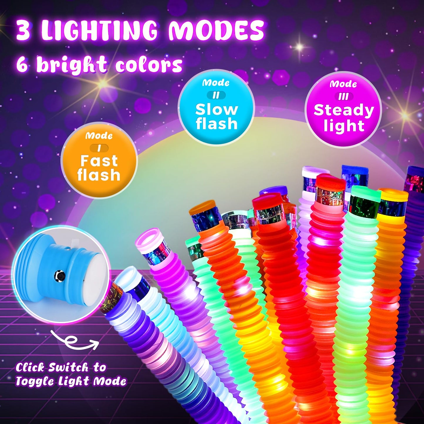 LovesTown 24PCS Light Up Glow Sticks Pop Tubes for Party Favor, Glow in the Dark Party Favor Supplies for Kids Supplies, Light Up Necklace Bracelet Accessories for Boys Girls Birthday