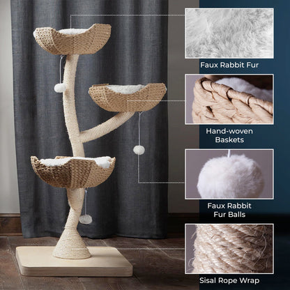 Habitat Haven The Sanctuary Cat Tree - Luxury Cat Condo, Large Modern Indoor Tower with 3 Faux Fur Beds, Scratching Posts, and Toys for Cats, 23-Inch Width x 23-Inch Depth x 52-Inch Height