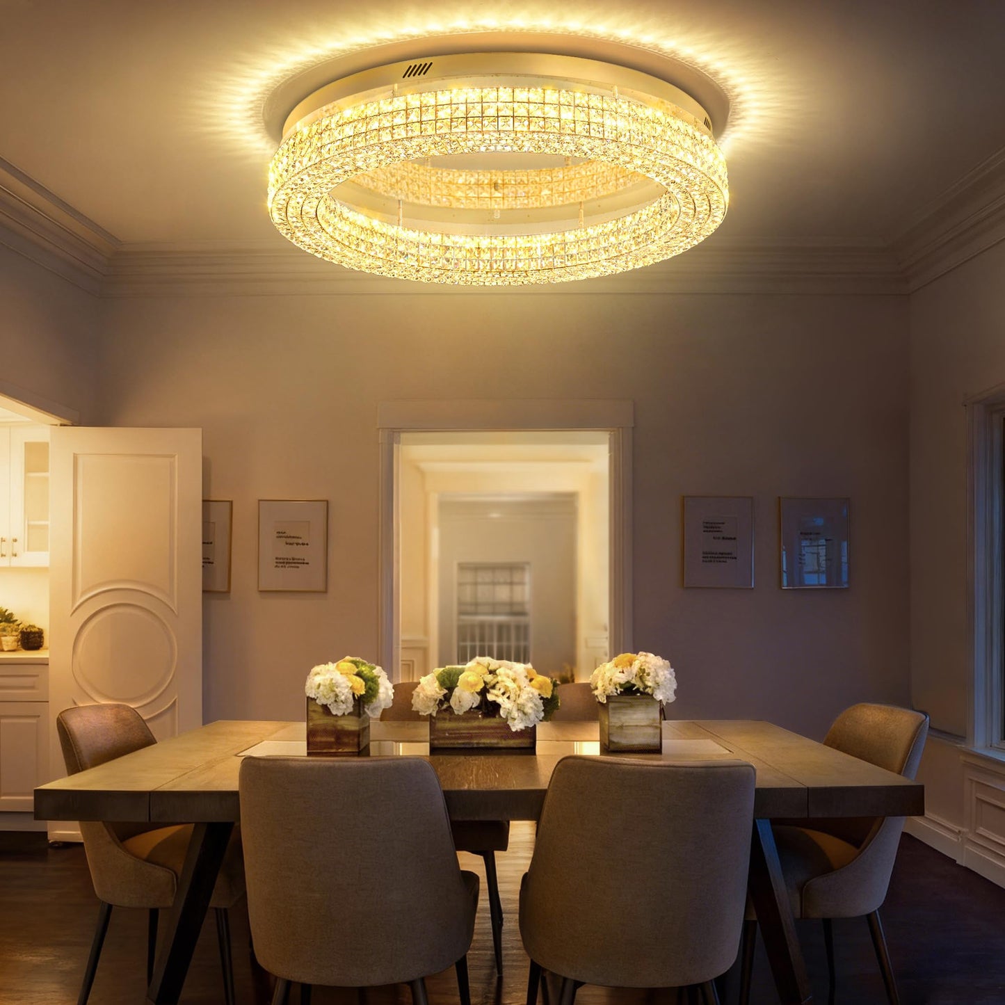 ykolupty 40'' Crystal Chandelier for Living Room Large Chandeliers for Living Room Crystal Flat Mounted Ceiling Lights Dining Room Bedroom Dimmable 2700-6000K (Gold Chandelier)