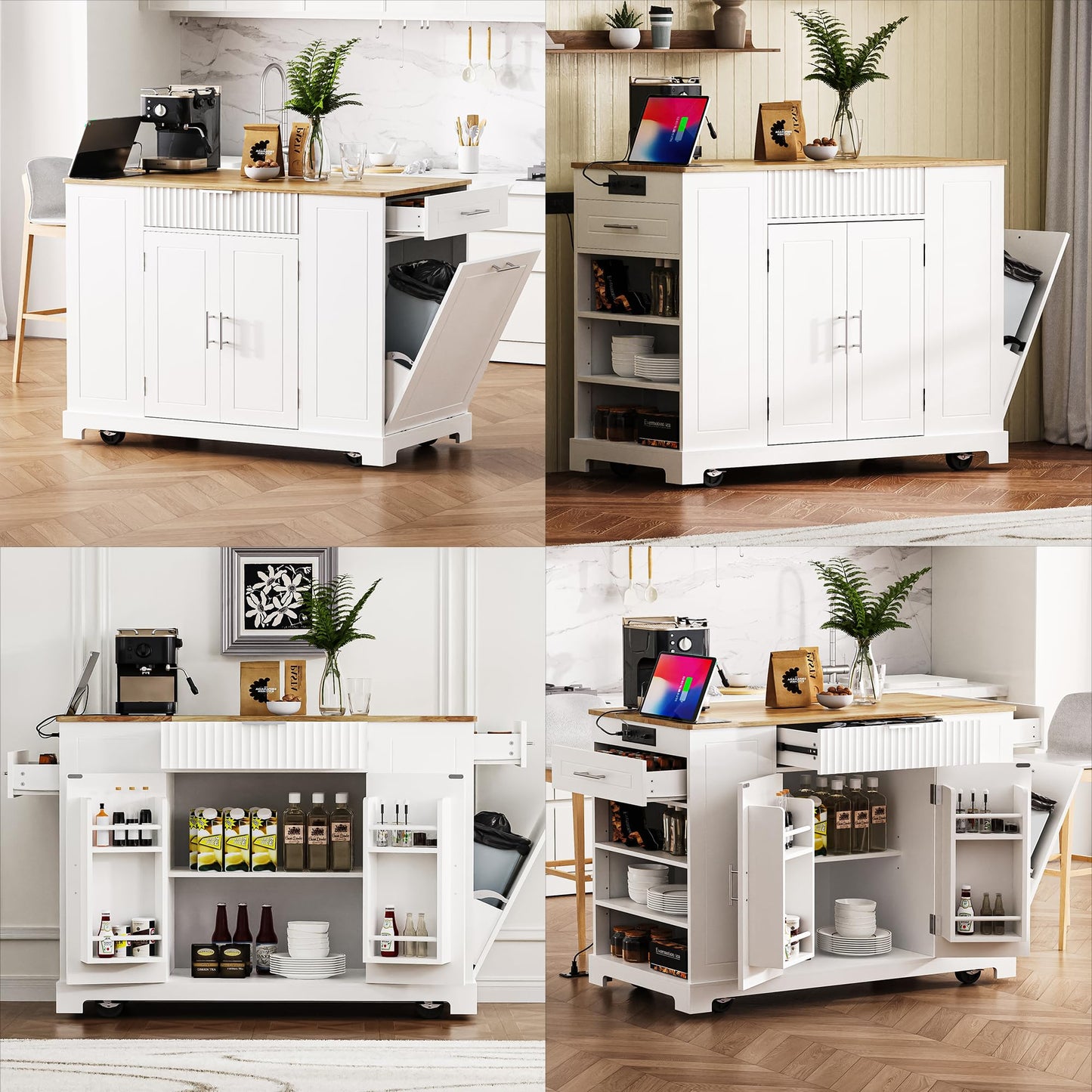 Ball & Cast Fluted Kitchen Island with Trash Can Storage Cabinet,Power Outlet,Internal Storage Rack,Rolling Kitchen Islands On 5 Wheels W/ 3 Drawer & 3 Open Side Racks for 10 Gallon Garbage Bin,White