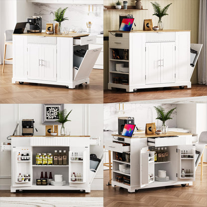 Ball & Cast Fluted Kitchen Island with Trash Can Storage Cabinet,Power Outlet,Internal Storage Rack,Rolling Kitchen Islands On 5 Wheels W/ 3 Drawer & 3 Open Side Racks for 10 Gallon Garbage Bin,White