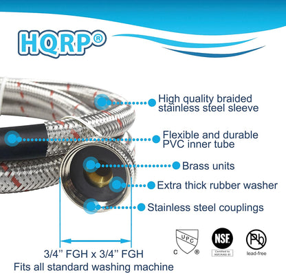 HQRP Premium Stainless Steel Washing Machine Hoses, 4-FT Burst Proof, 2-pack Red and Blue Striped