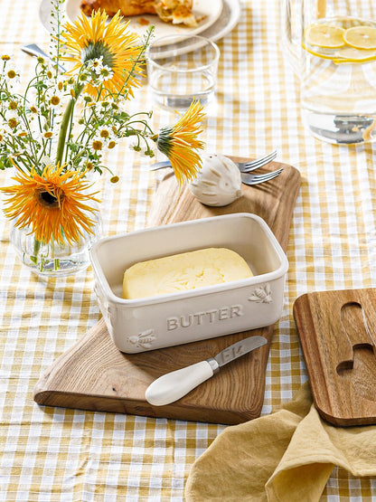 LE TAUCI Butter Dish with Lid for Countertop, Ceramic Butter Container, Embossed Butter Keeper with Acacia Wood lid, Knife, and Airtight Cover, Farmhouse Decor - Set of 1, Arctic White, Bee Pattern