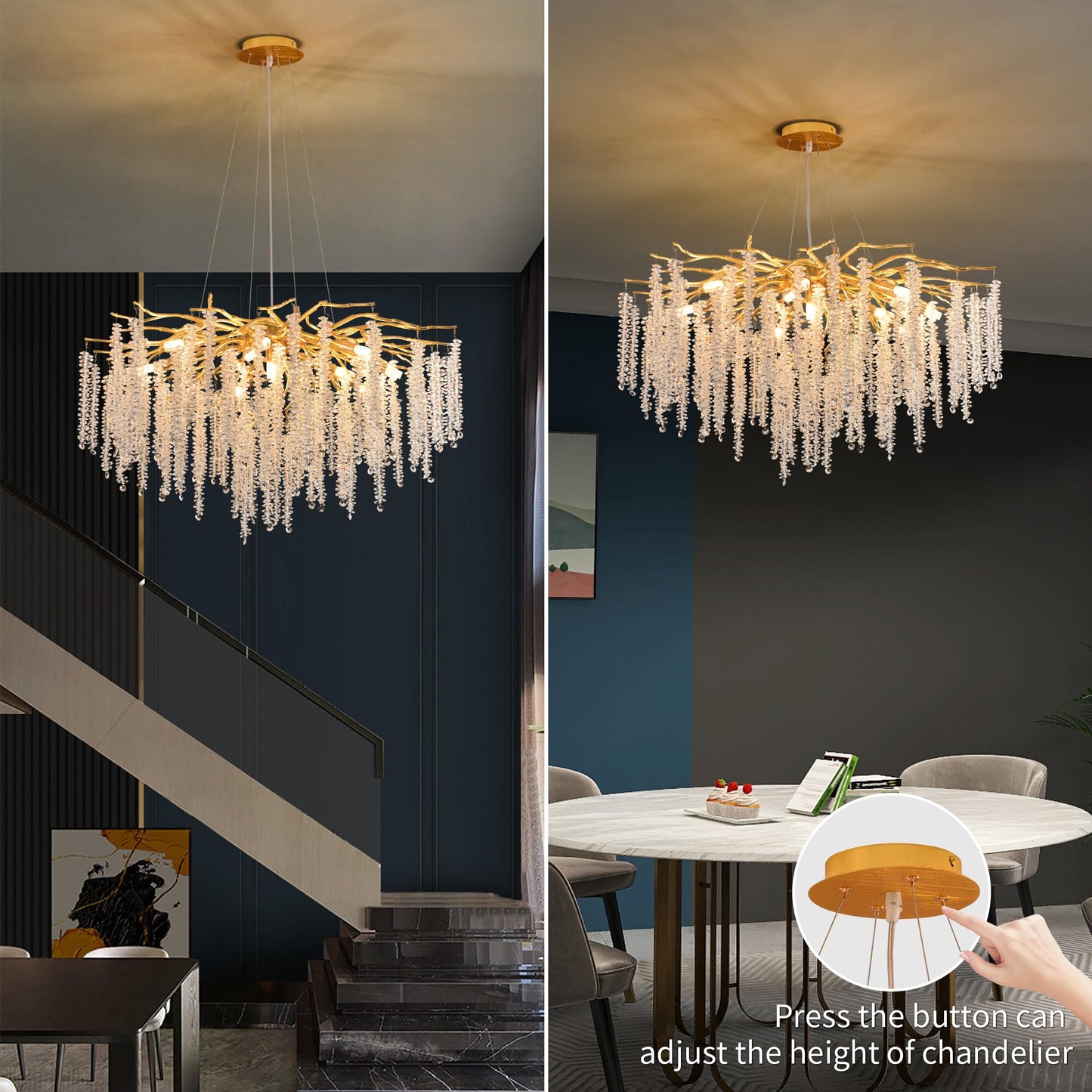 Puvaue Crystal Tree Branches Chandeliers Luxury Round Raindrop Pendant Light Fixture Ceiling Hanging Light for Dining Room Bedroom Living Room Entryway D31.5“ Gold